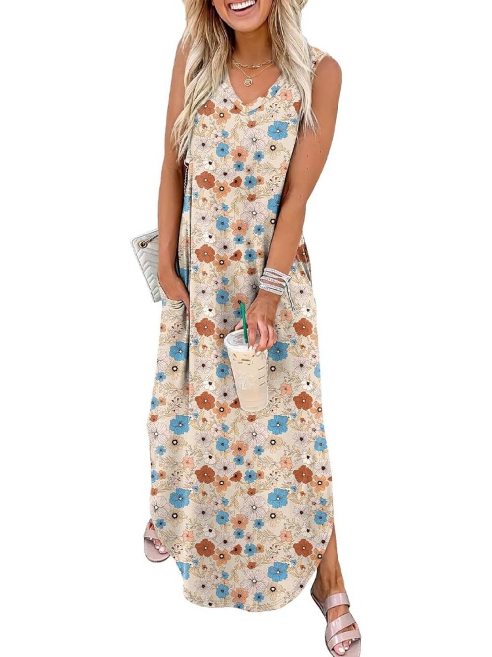 Women's Floral Khaki Pink Blue Summer Maxi Dress Beach Sundress with Pocket